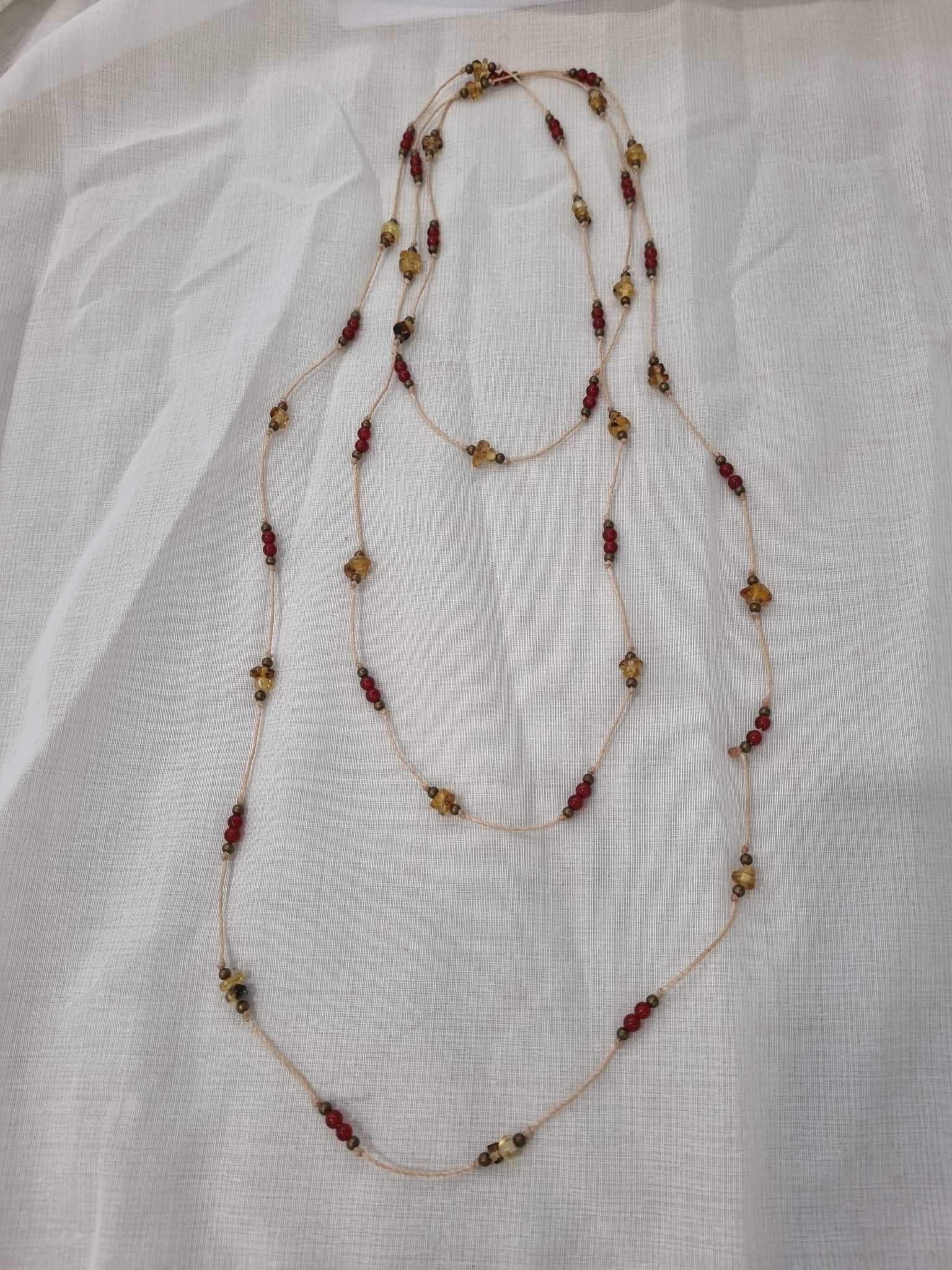 Handmade Amber, Carnelian & Pyrite Long Necklace